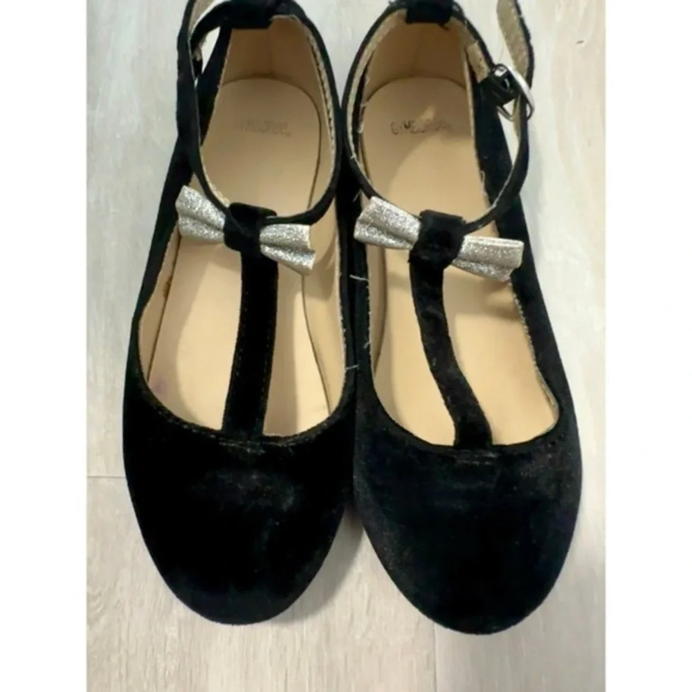 Gymboree Mary Jane Flats Girls 13 Black Good Velvet Silver‎ Glitter Bow T-Strap